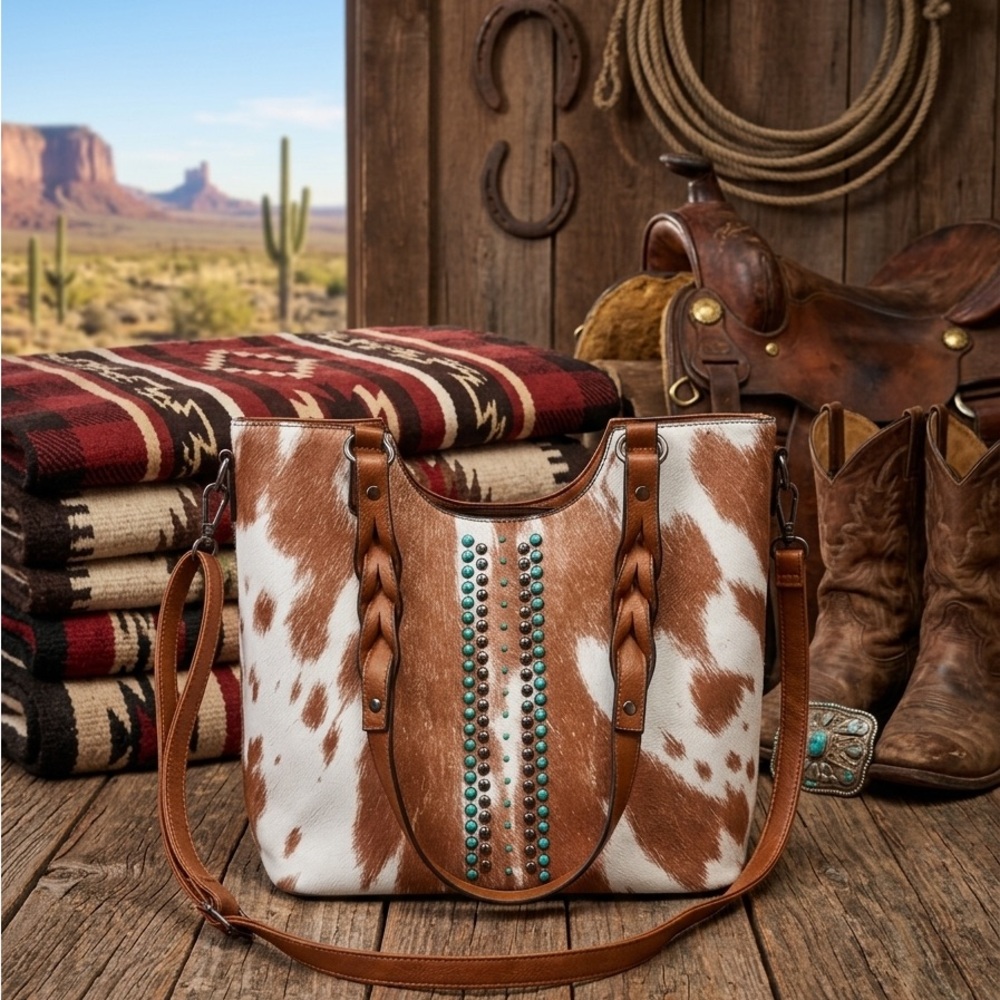 Brown and White Cowhide Studded Shoulder Bag with Turquoise Accents